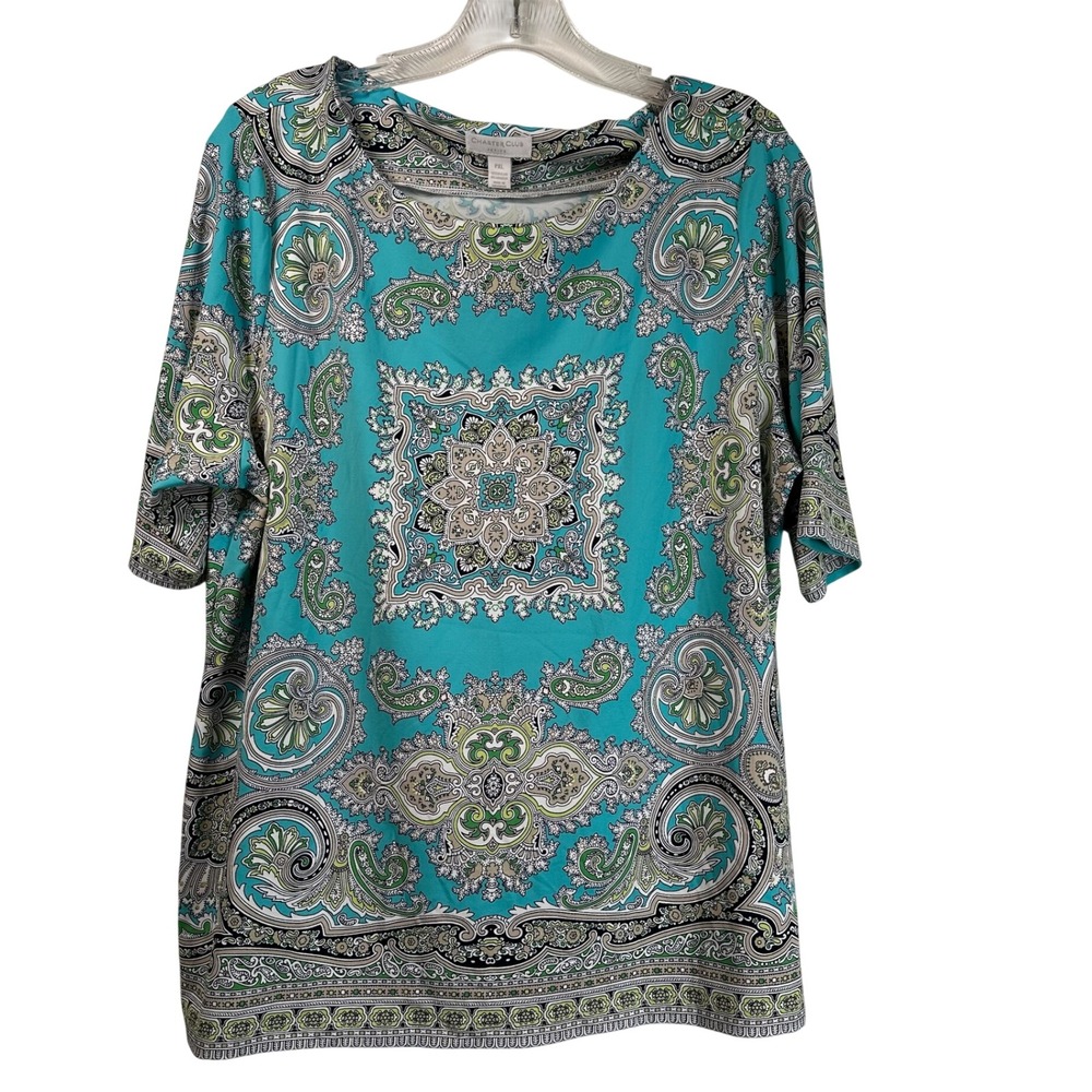 Charter Club Petite PXL Turquoise Sea Combo Paisley Short Sleeve Top 11218TQ143